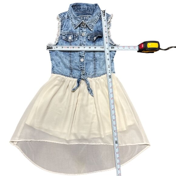 Guess Girls Size 8 Denim Chiffon Sleeveless Dress With Tie Waist & Frayed Edges - Picture 9 of 9